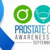 Prostate Cancer Awareness Month text with a blue ribbon.