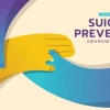 Two hands reaching toward each other in supportive gesture with colorful curved background and text 'September Suicide Prevention Awareness Month